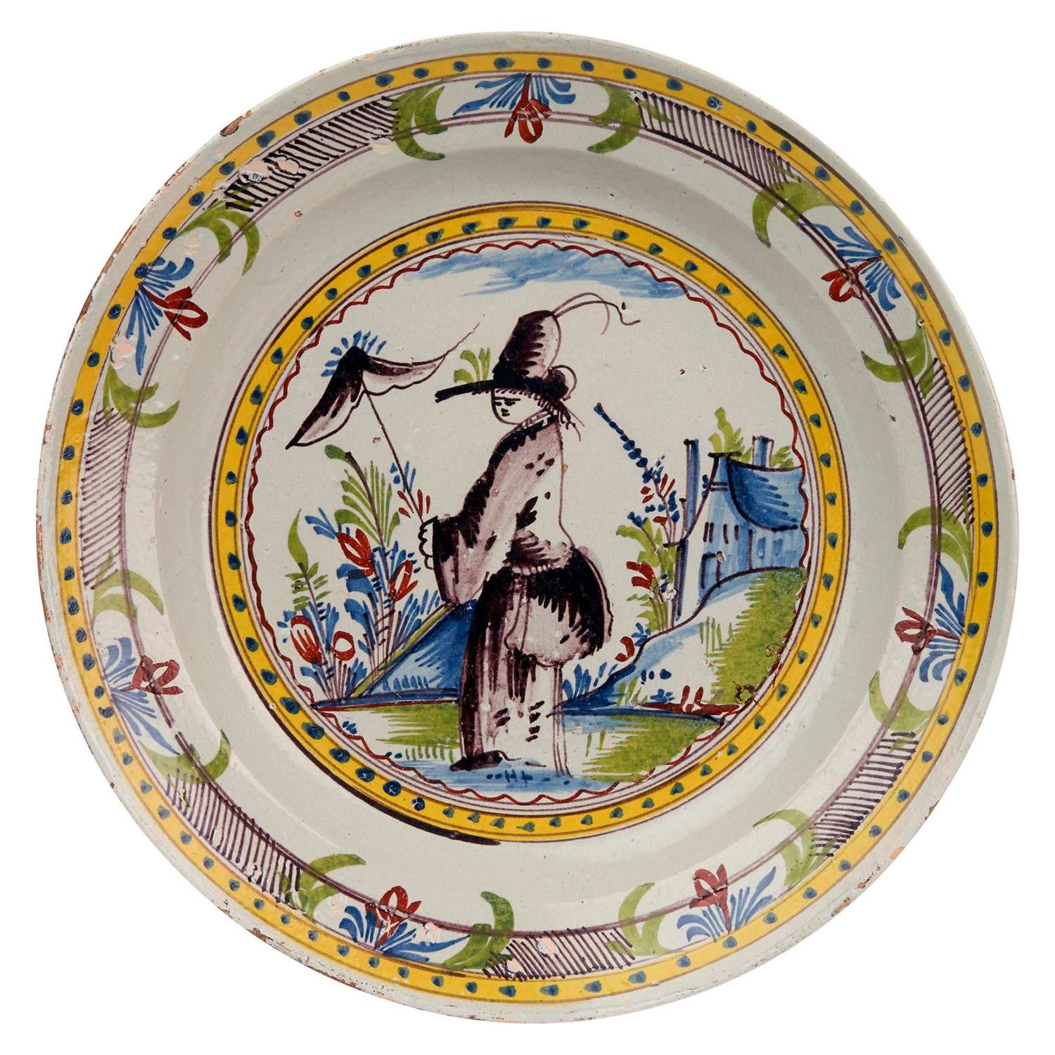 Dutch Rare Delft Faience Polychrome Lady in Landscape Pottery Dish