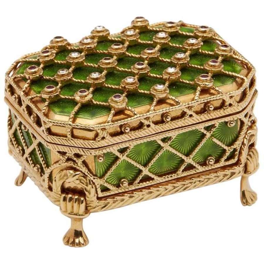 Victor Mayer, Modern Faberge 18ct Gold Pill Box & Stand