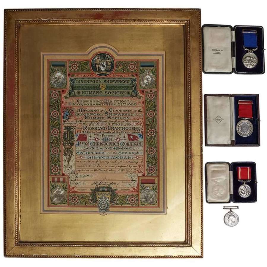 White Star Line SS Adriatic Bravery Certificate and Medals