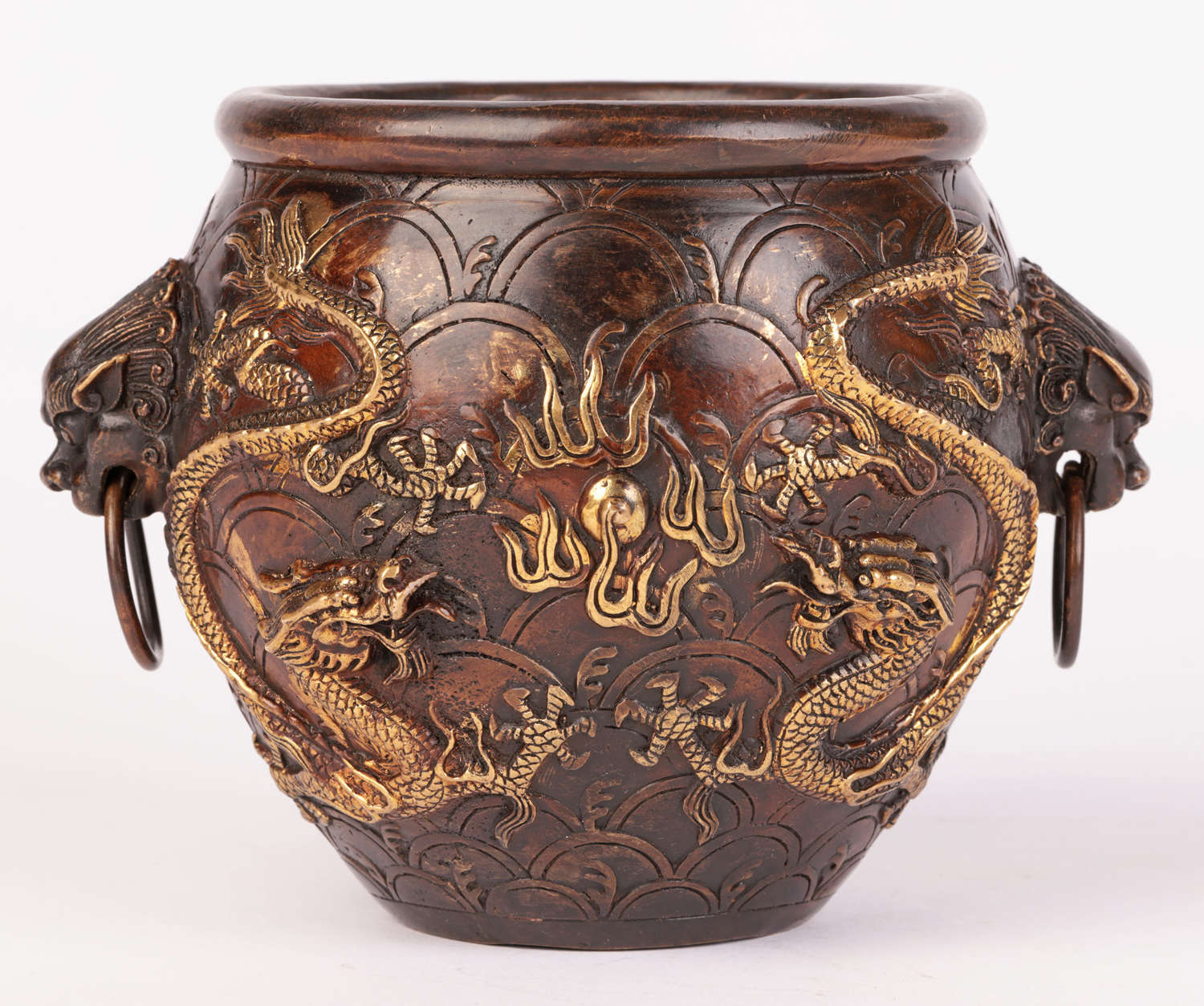 Chinese Qing Bronze Twin Handled Bowl with Gilded Dragons