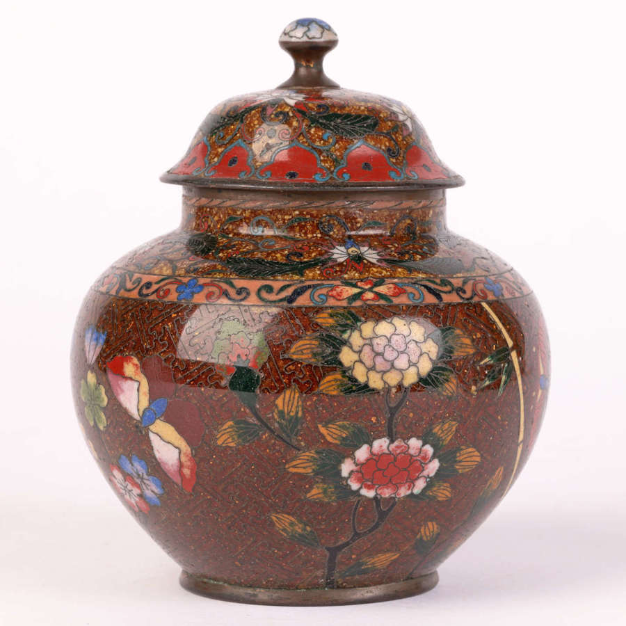 Japanese Meiji Cloisonne Lidded Flowers & Butterflies Jar Decorated