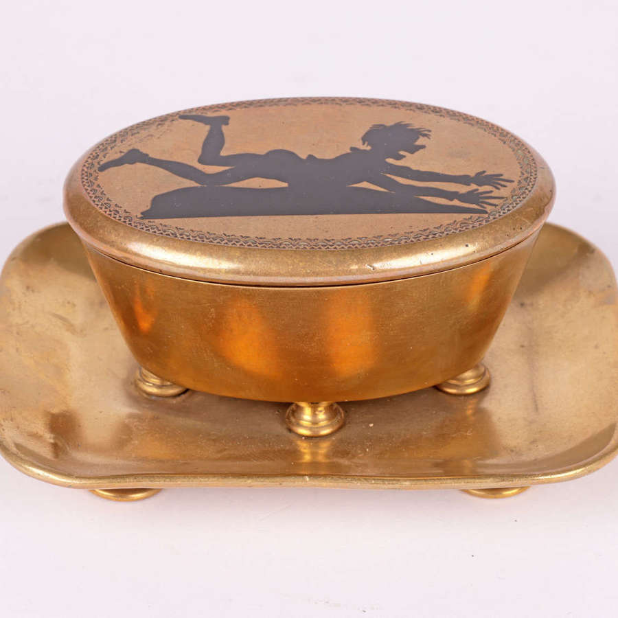 Antique Brass Table Vesta with Novelty Enameled Figure