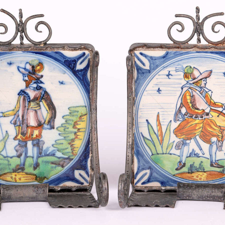 Polychrome 18th Century Tile Mounted Metal Bookends