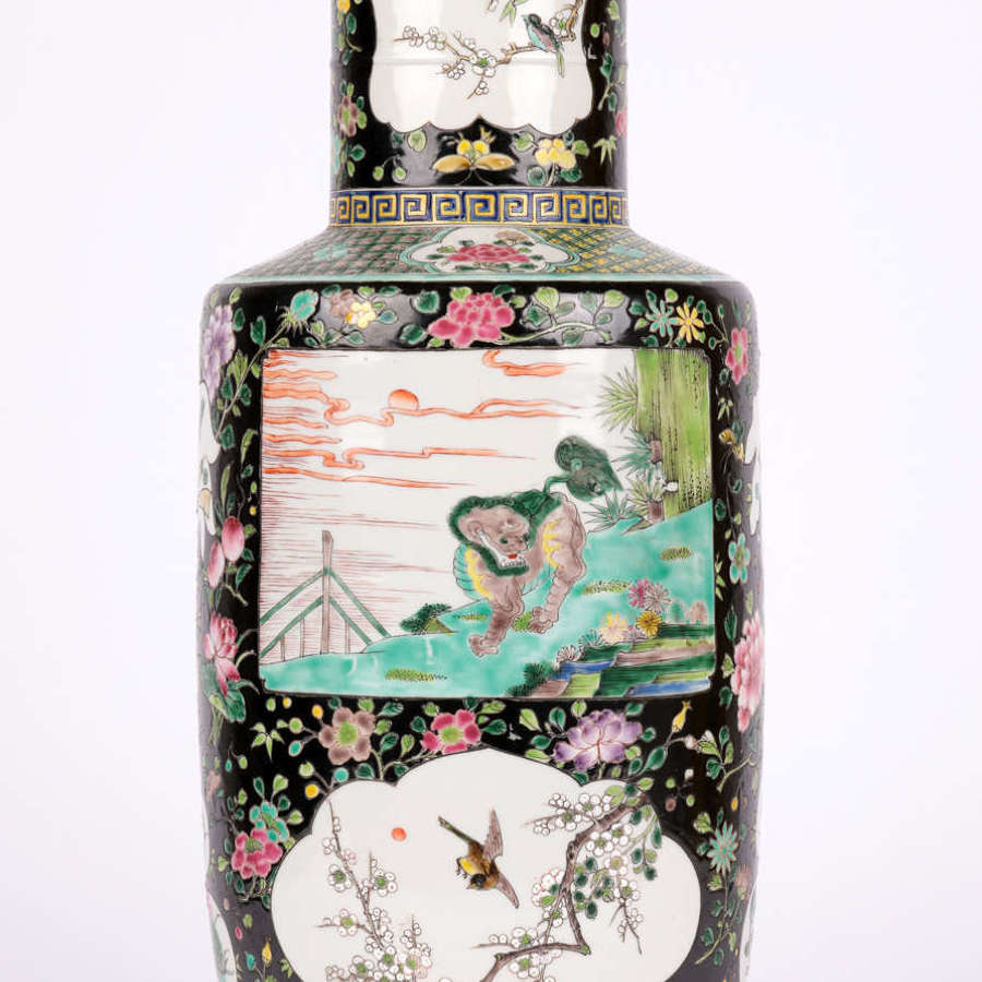 Chinese Yongzheng Mark Large Famille Noir Rouleau Porcelain Vase