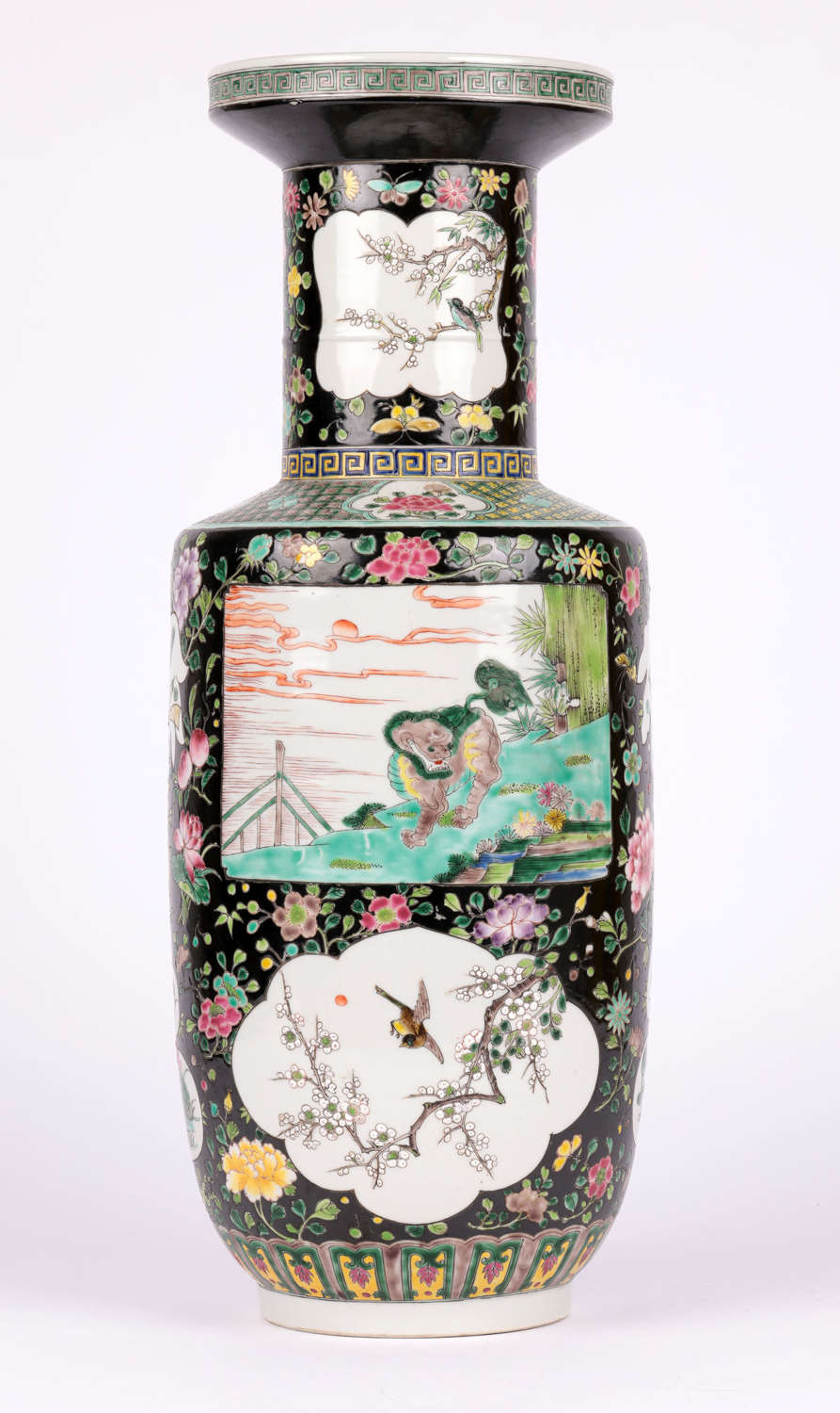 Chinese Yongzheng Mark Large Famille Noir Rouleau Porcelain Vase