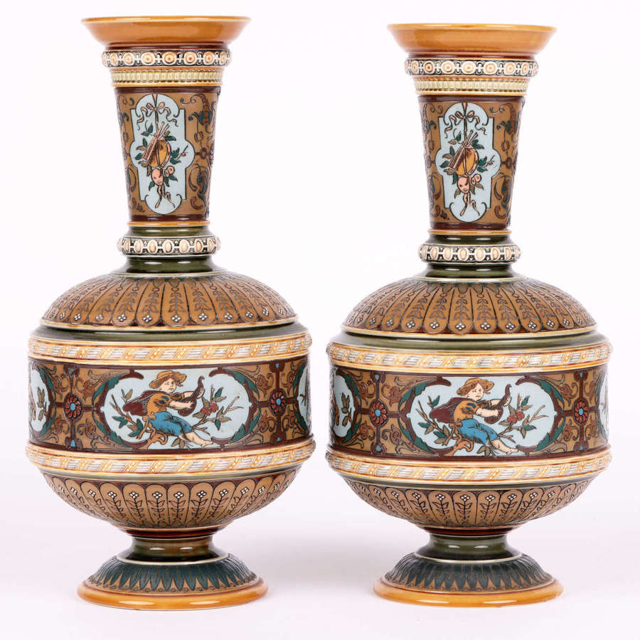 Villeroy & Boch Mettlach Art Nouveau Pair Vases with Boys
