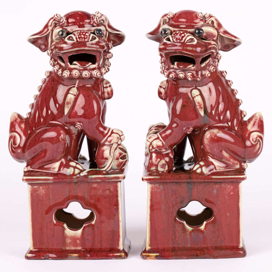 Chinese Qing Pair Jun-Ware Liver Red Glazed Foo Dogs