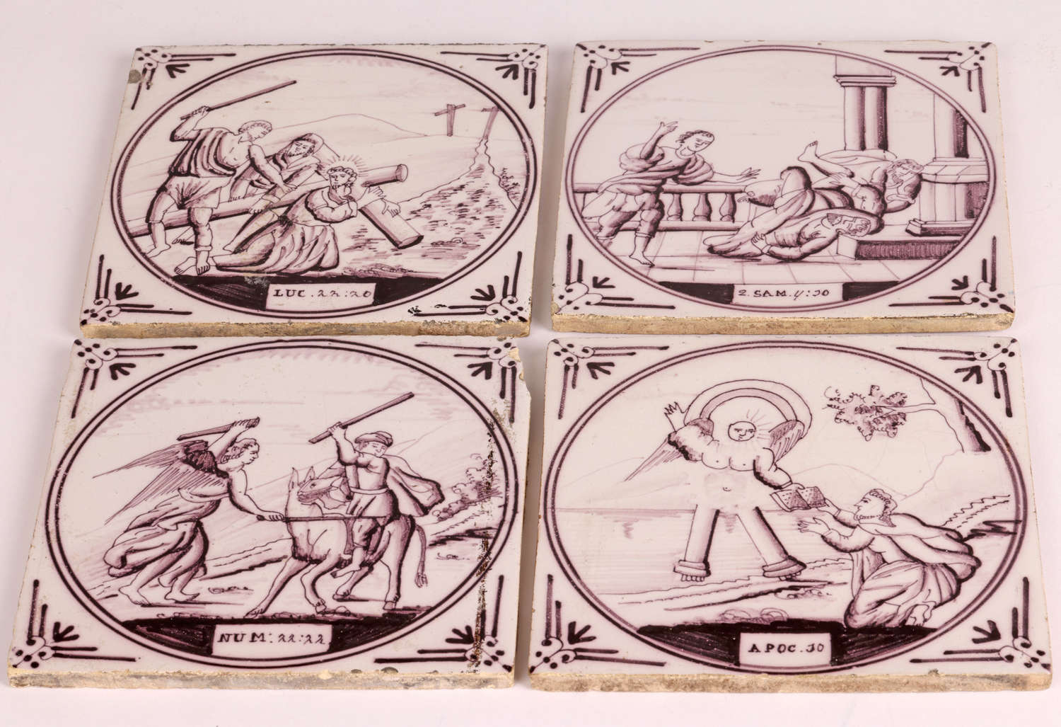 Set Four Dutch Manganese Biblical Pottery Tiles 18th C.