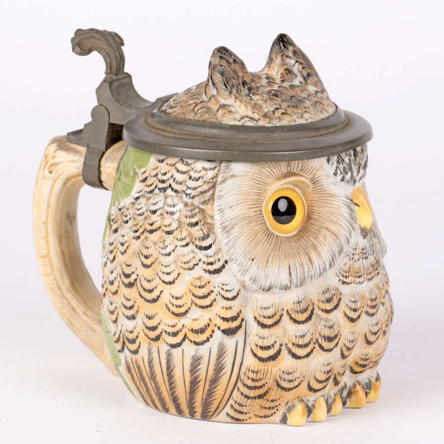 German Porcelain Owl Beer Stein with Pewter Mounts