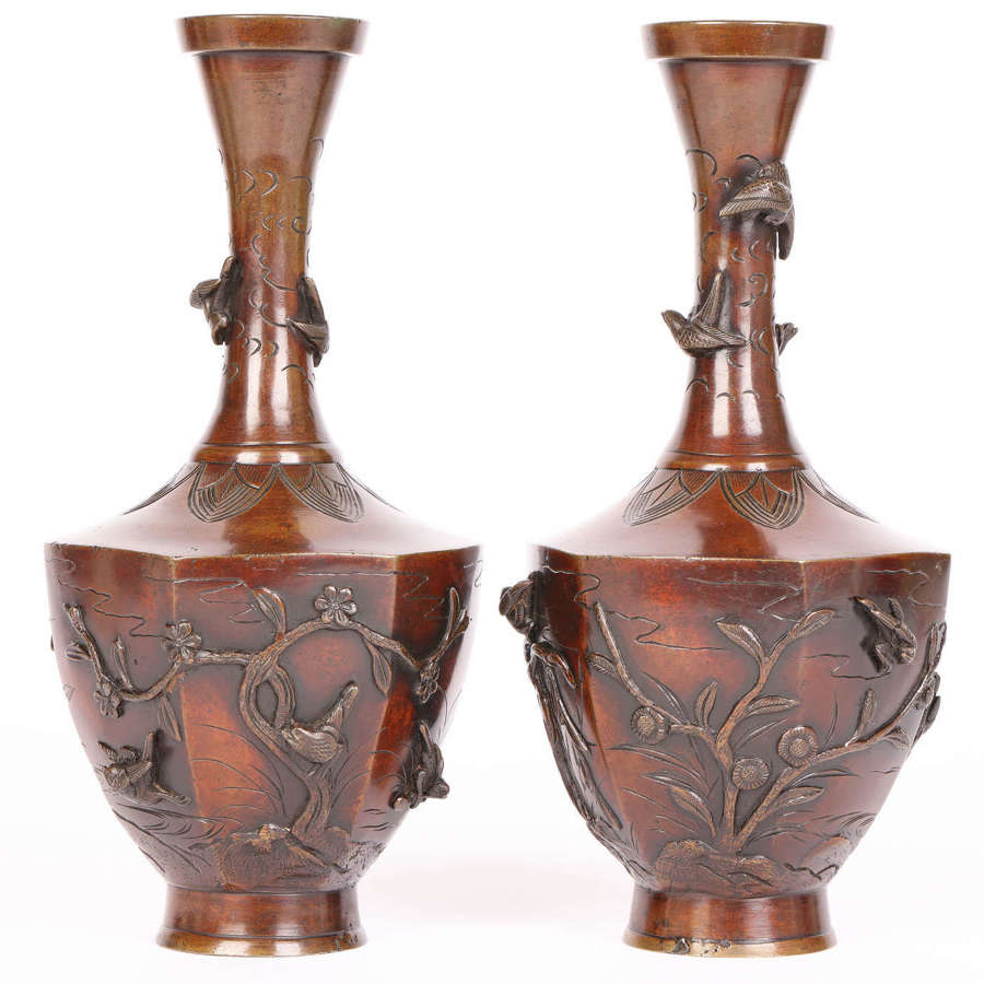Oriental Pair Bronze Vases Applied with Birds