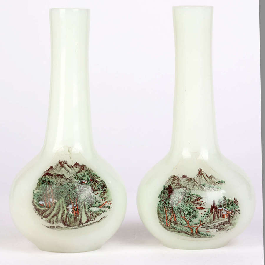 Chinese Qing Pair Hand Painted Peking Glass Onion Shape Vases
