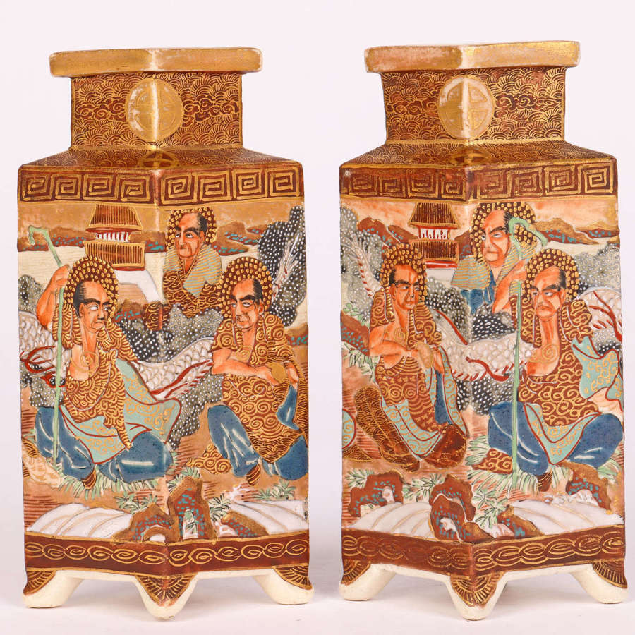 Satsuma Japanese Meiji Pair Diamond Shaped Pottery Vases
