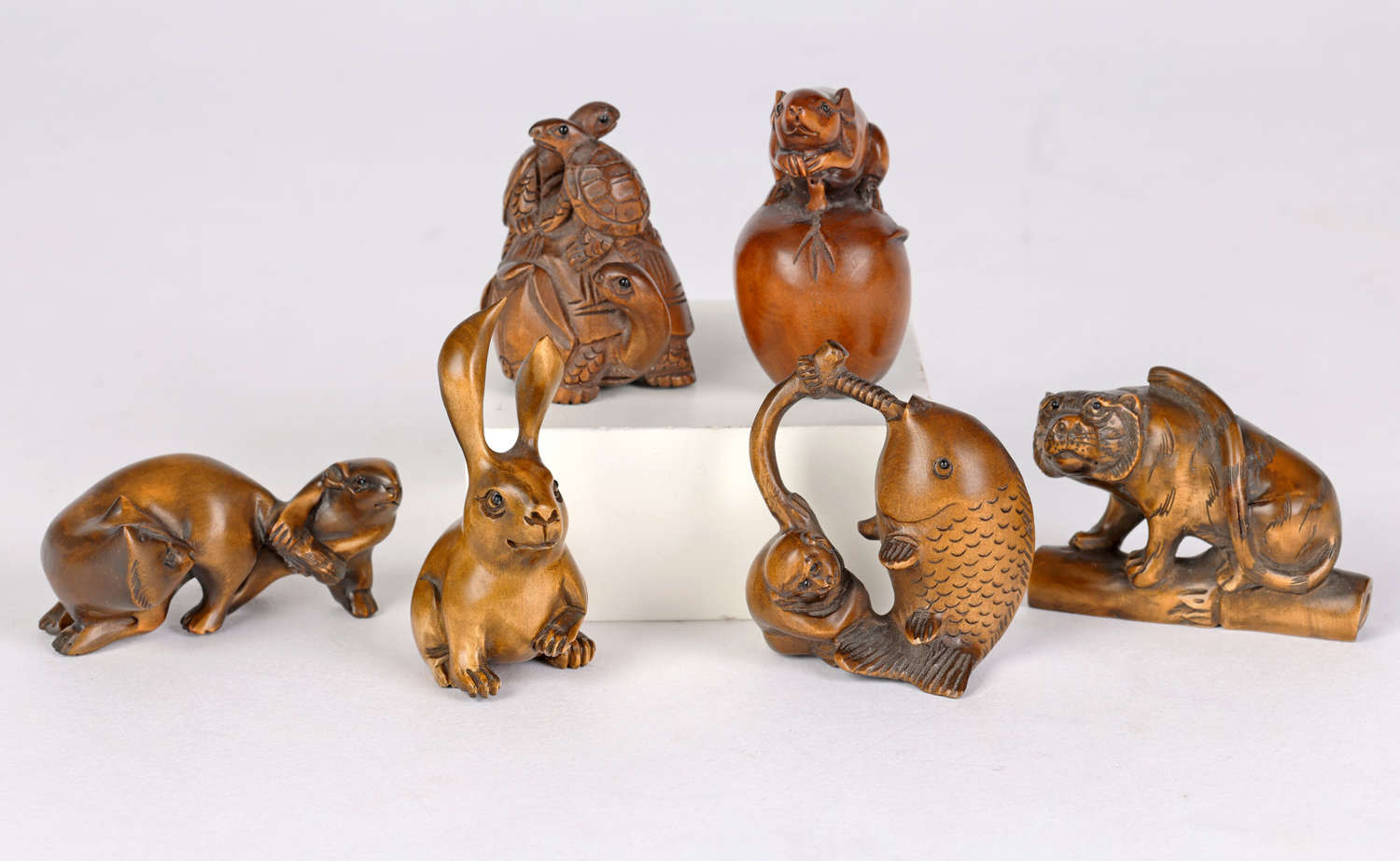 Japanese Collection Carved Wood Animal and Fish Netsuke
