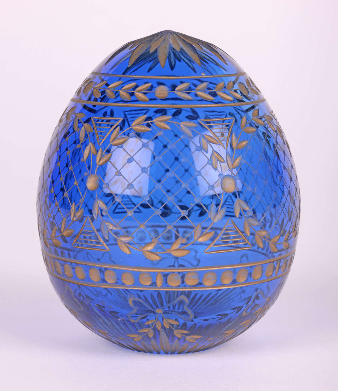 Russian Faberge Attributed Blue Glass Egg with Engraved Designs
