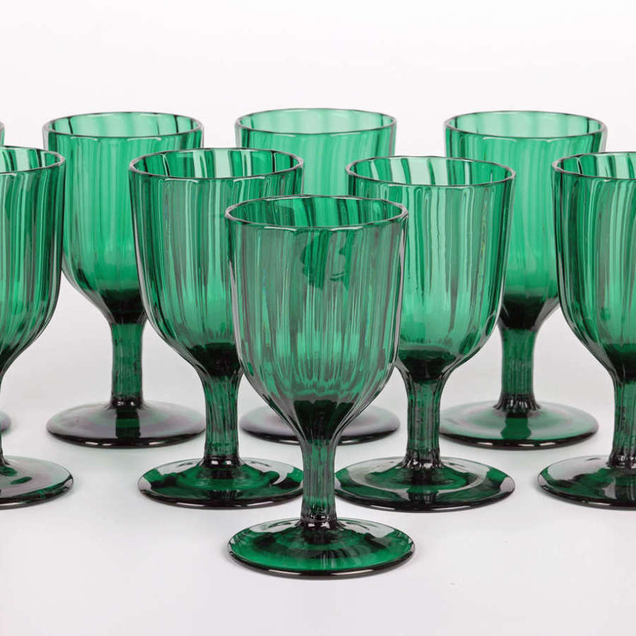 Exceptional Set Ten Antique Ribbed Green Glass Wine Glasses