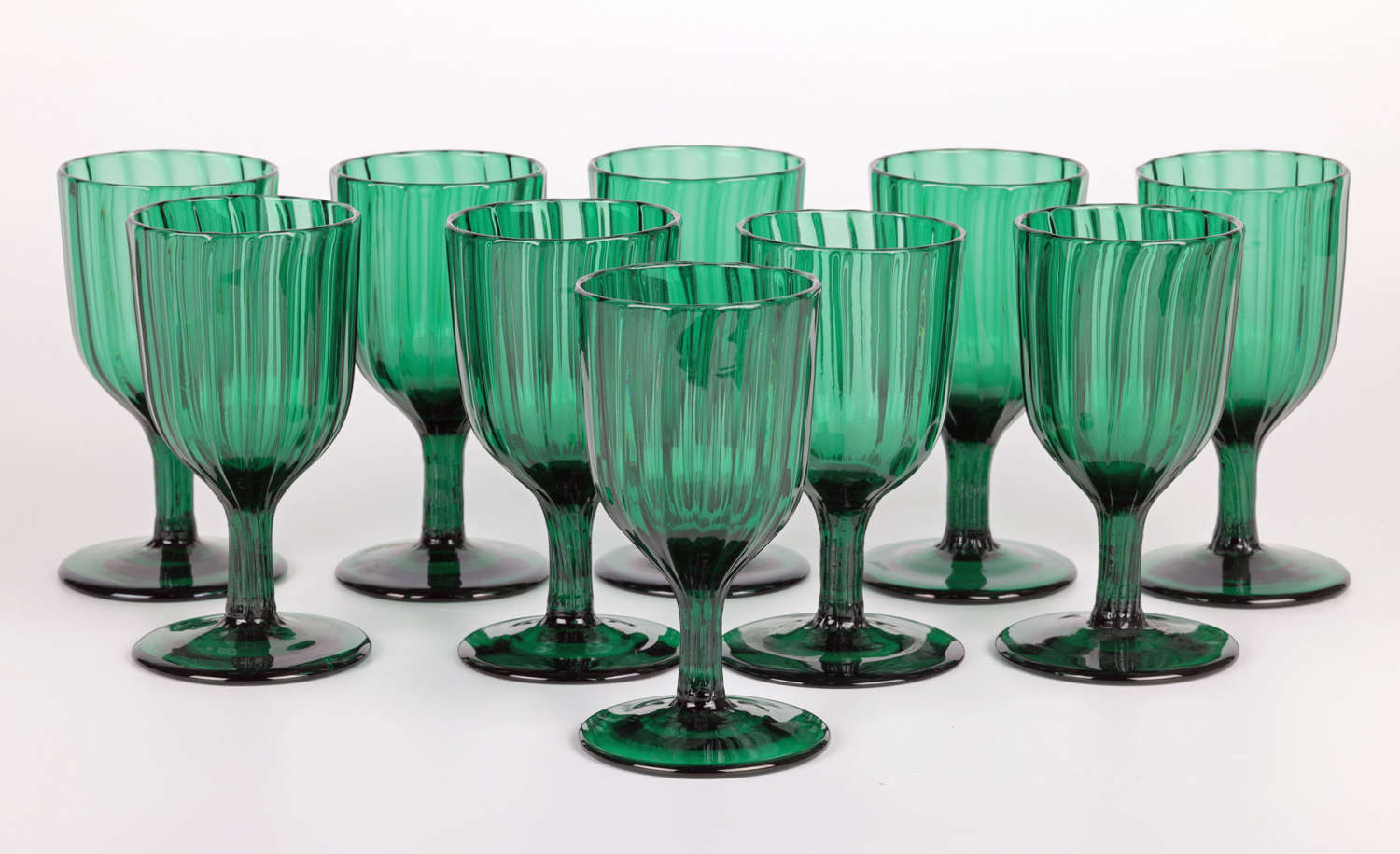 Exceptional Set Ten Antique Ribbed Green Glass Wine Glasses
