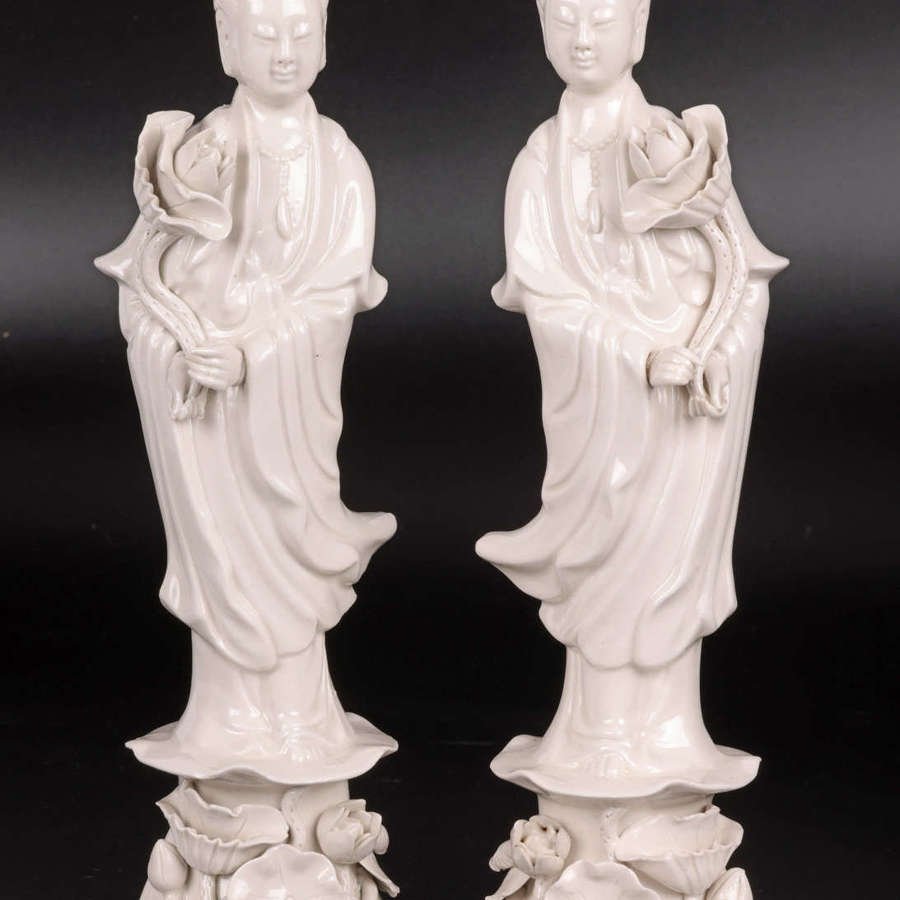 Chinese Pair Vintage Blanc de Chine Guanyin Porcelain Figures