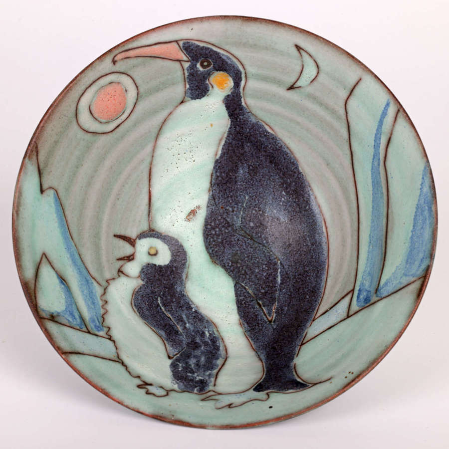 Tessa Fuchs Studio Pottery Bowl Hand Decorated with Penguins
