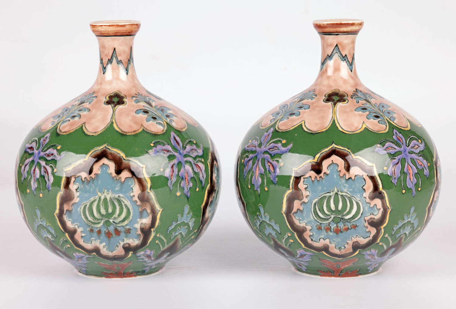 Royal Bonn Art Nouveau Pair Hand Painted Floral Pottery Vases