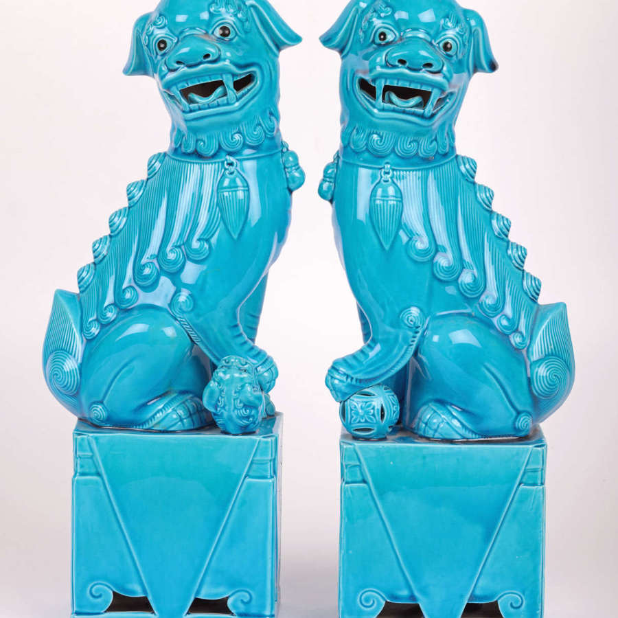 Chinese Pair Large Turquoise Glazed Porcelain Mounted Foo Dogs